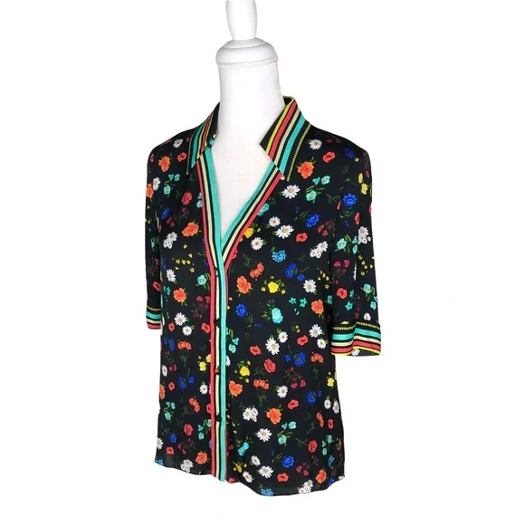 Alice Olivia black floral print blouse short-sleeve top sz small - Picture 4 of 16